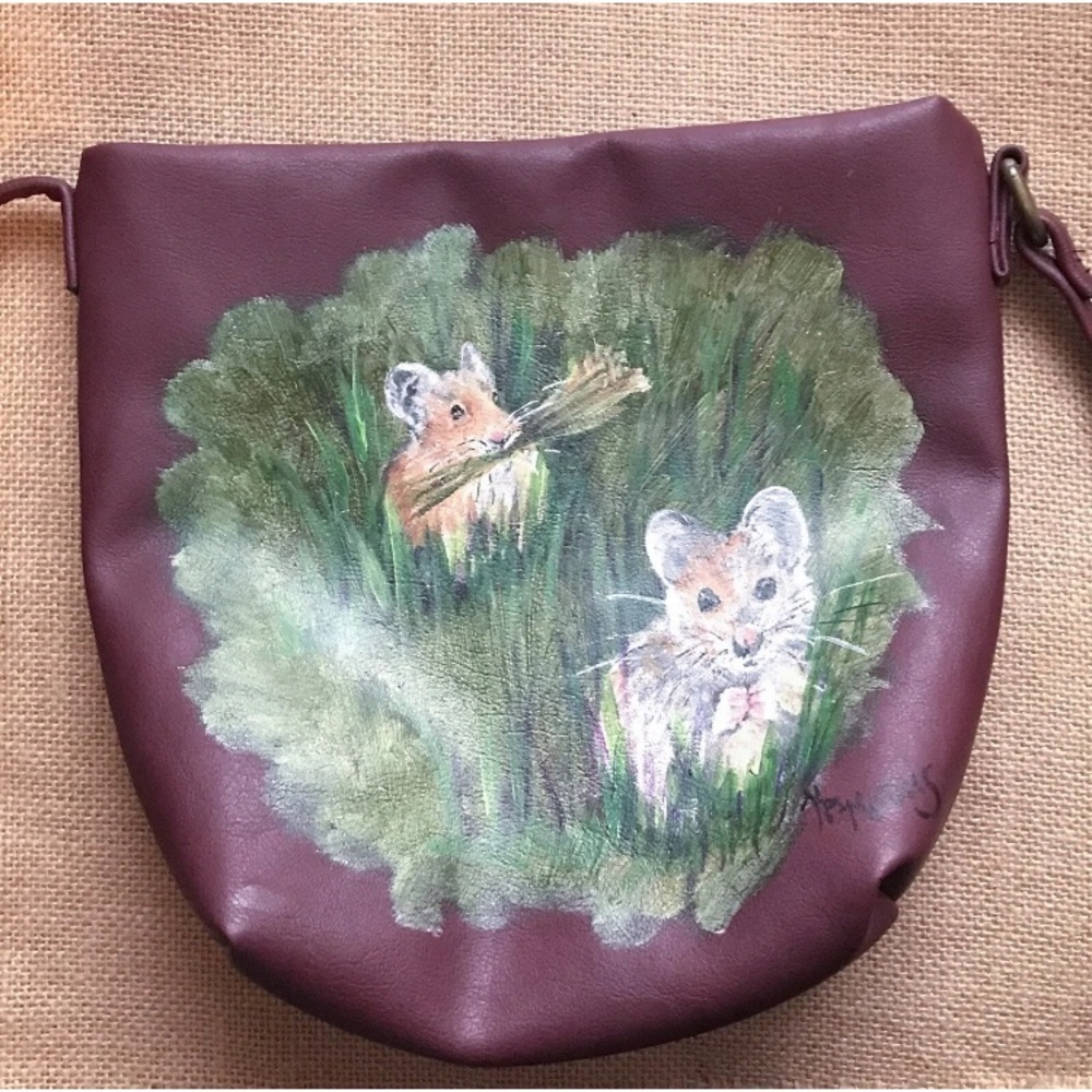 Field Mice Maroon Purse Hand Painted Art To Wear Cottage Goblin Core Whimsy Read